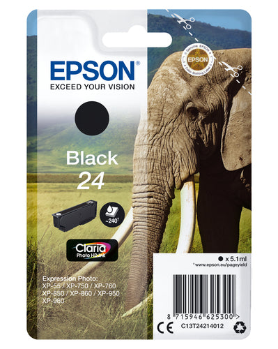 Epson Elephant Singlepack Black 24 Claria Photo HD Ink Epson Elephant Singlepack Black 24 Claria Photo HD Ink